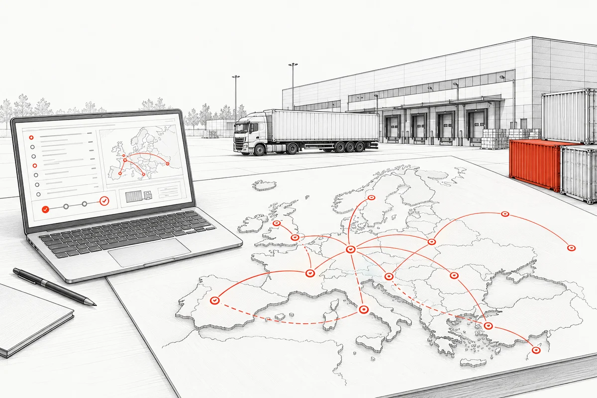 Illustration of a European logistics network with digital coordination and a modern warehouse