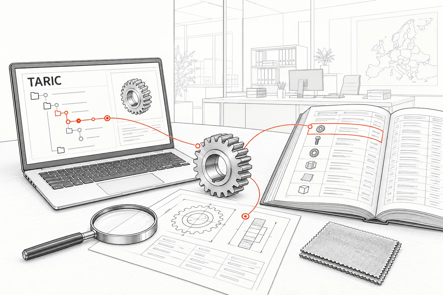 Illustration of TARIC classification advice with product samples, technical documents and a customs tariff structure on a laptop