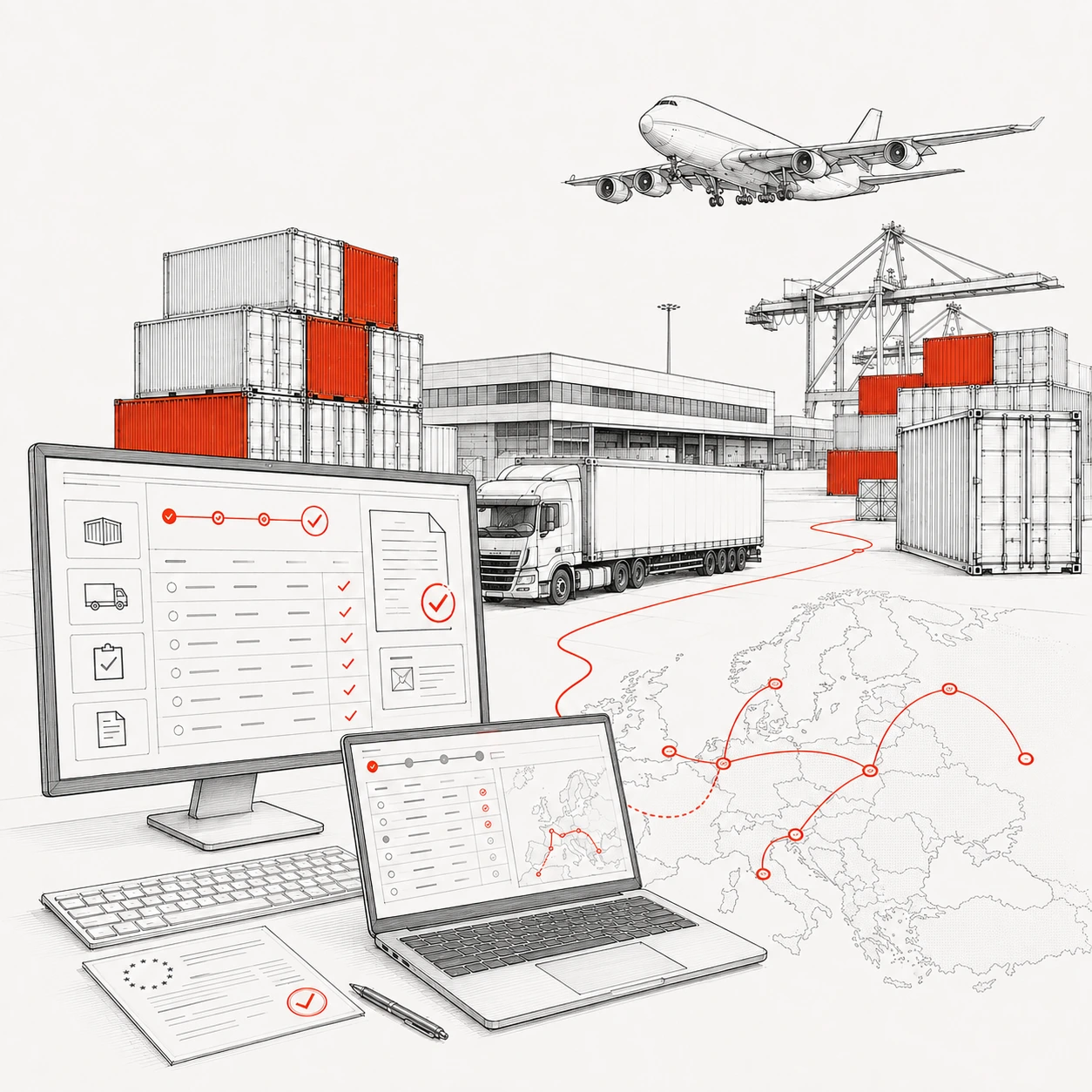 Zeichnung digitaler Zollarbeit mit Monitor, Notebook, Sendungsübersichten und europäischer Logistikinfrastruktur