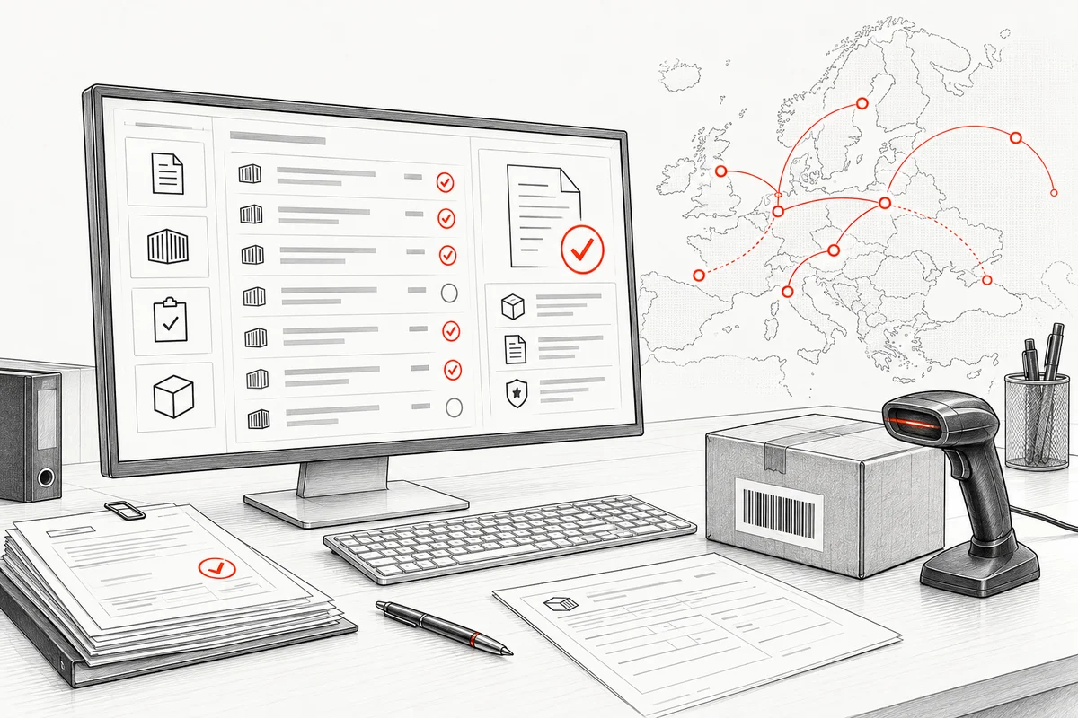 Illustration of a digital customs workstation with a shipment overview, scanner and documents
